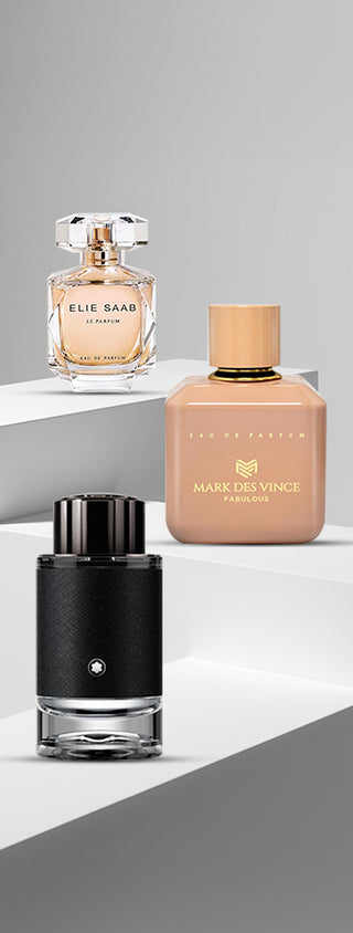 A side banner image of 3 perfumes Elie saab le parfum, mark des vince fabulous and mont blanc explorer