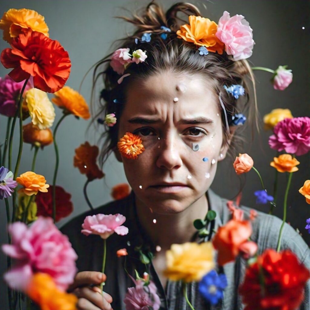 a creative illustration of a woman with different kind of smells and flowers around her.
