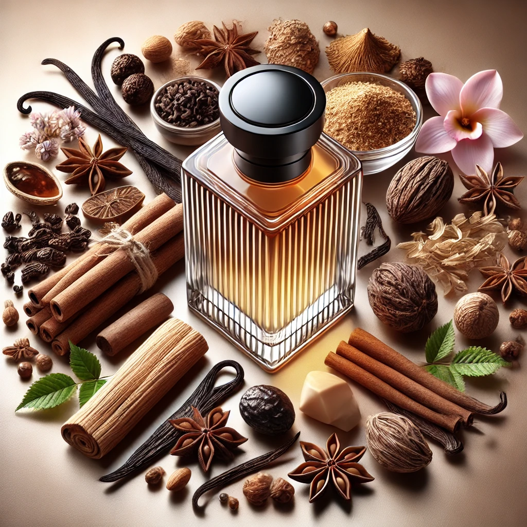 a creative illustration of different ingredients of base notes in a perfume
