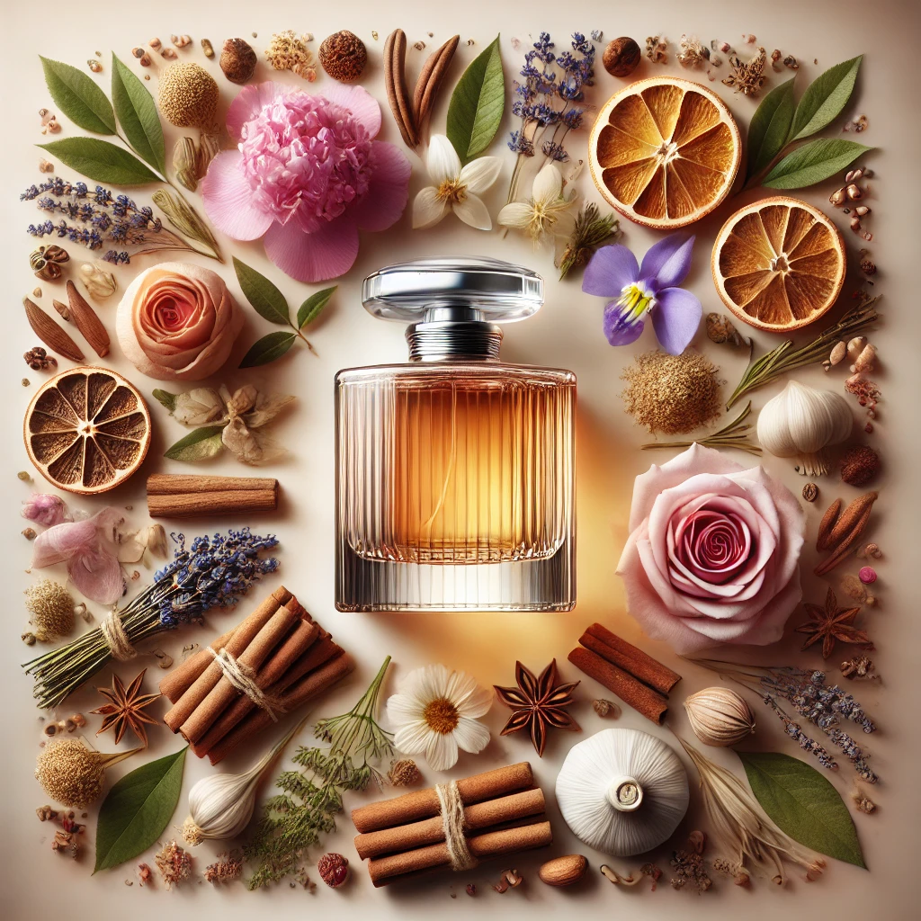a creative illustration of different ingredients of middle notes in a perfume