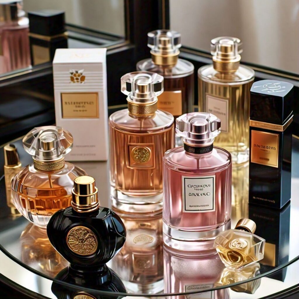 a creative illustration of different perfumes placed on a table