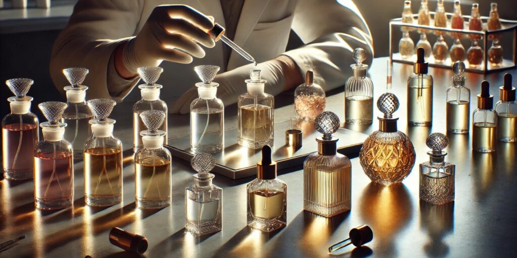 a creative ilustration of a person making perfume on a table