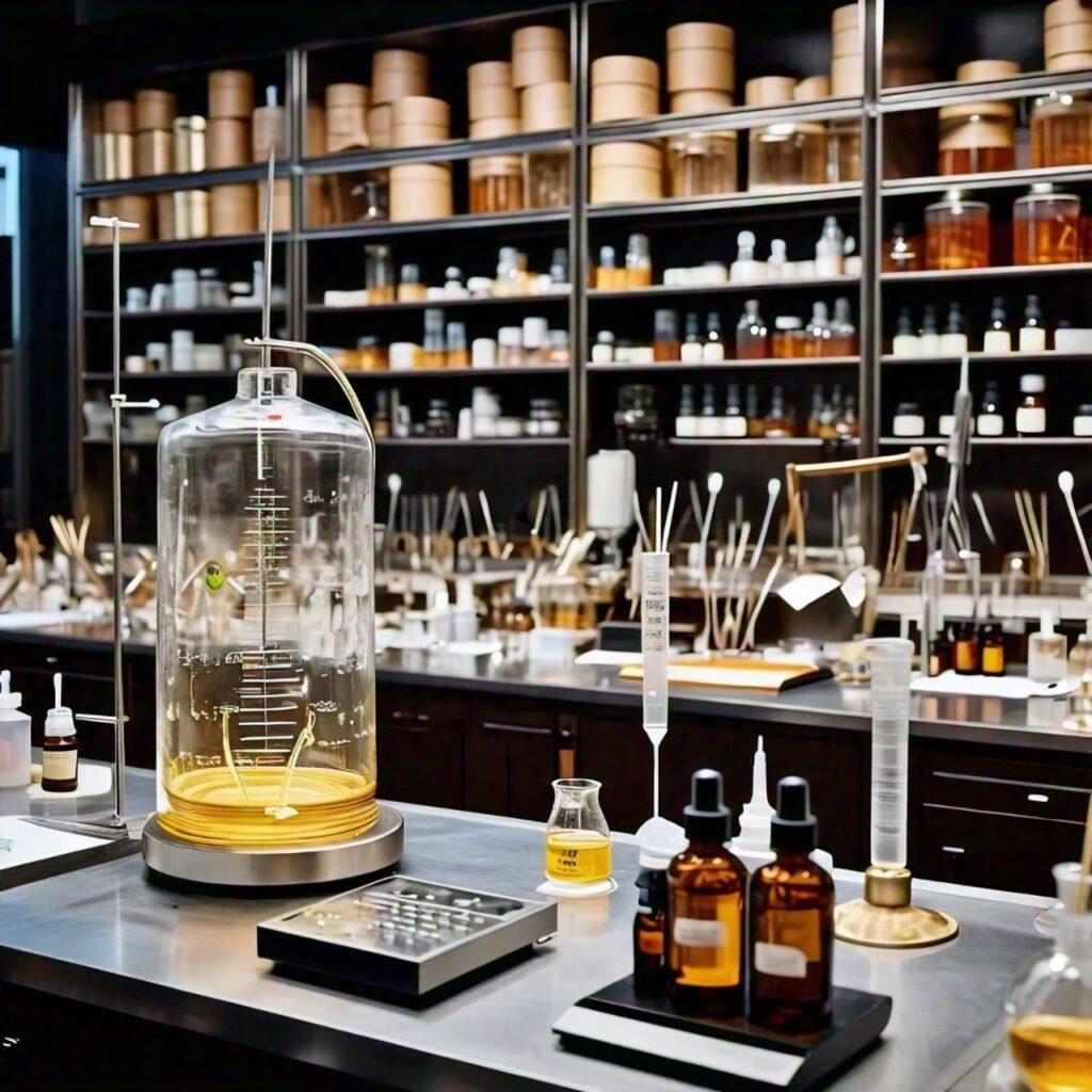 a creative illustration of a perfume making lab.