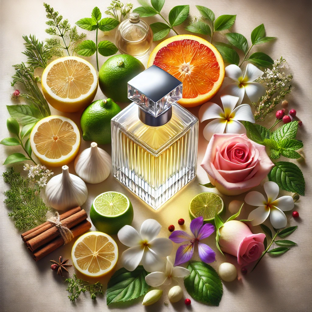 a creaetive iluustration of different ingredients of the top notes of a perfume 